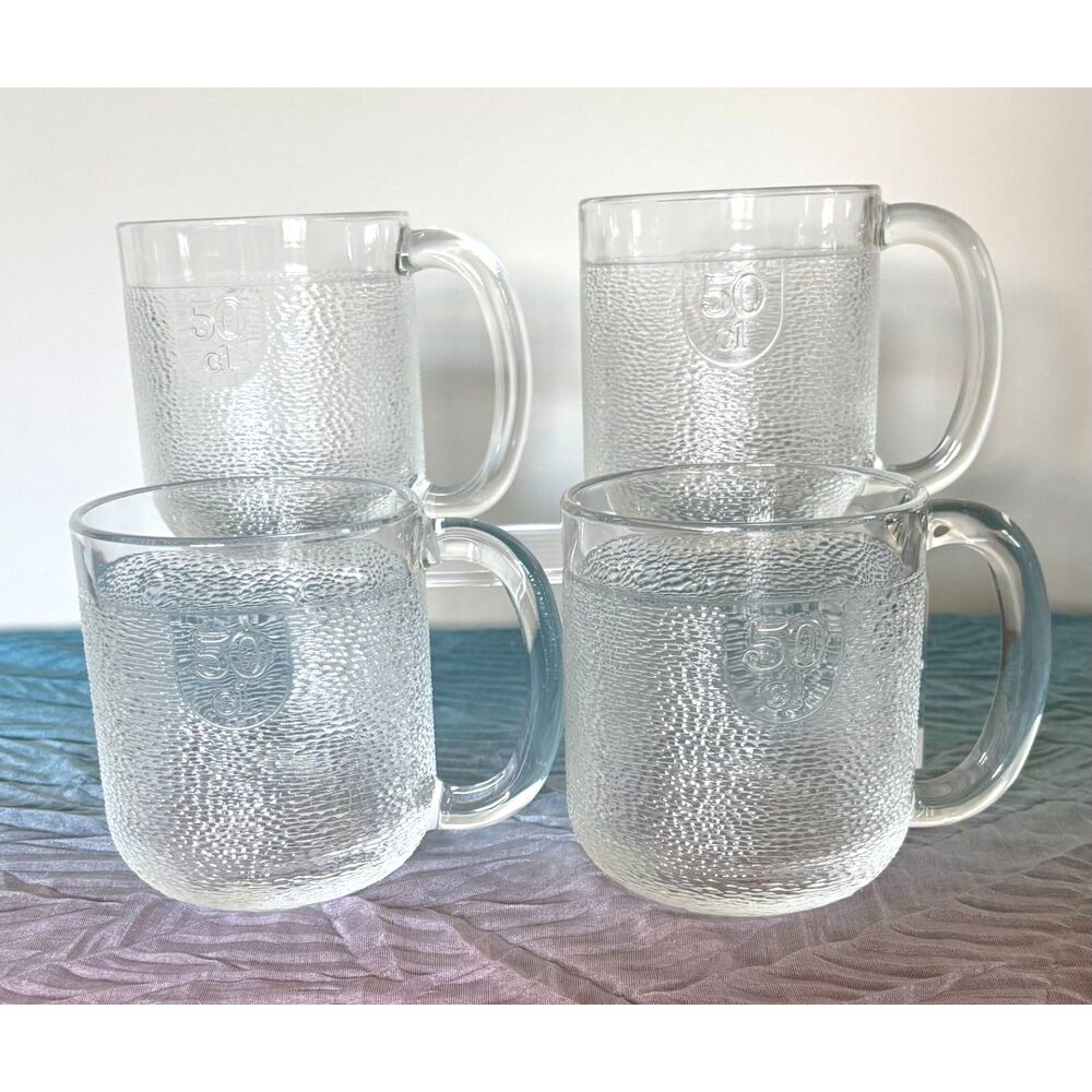 VTG Italian Textured Glass Beer Mugs Set of 4 50cl Clear Pebbled Barware MCM